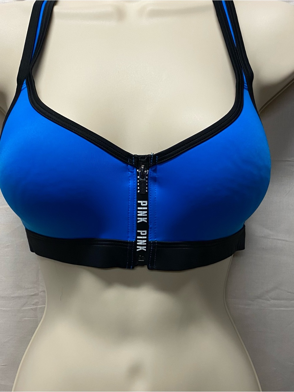 Victoria's Secret PINK Blue Front-Zip Sports Bra with Black Trim